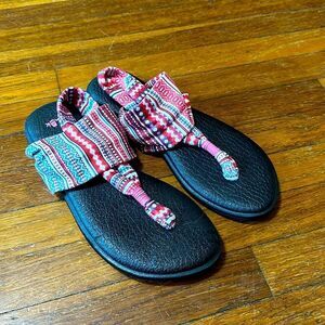 Sanuk Yoga Mat Sling Back Sandals, Pink Pattern, Sz 9